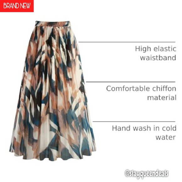 Women's Pleated Chiffon Skirt Elastic Waist A-Line Midi Length - Picture 5 of 8